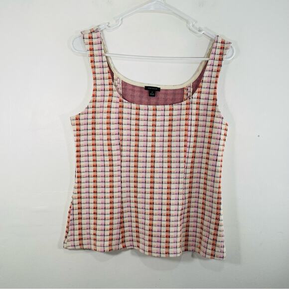 Ann Taylor Pink Orange Cream Madras Plaid Knit Shell Peplum Tank Top Medium - Picture 1 of 9